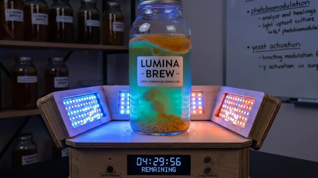 Lumina brew light-fermented kombucha brewing inside a glass jar illuminated by an led photobiomodulation device with a timer, demonstrating scientific beverage fermentation