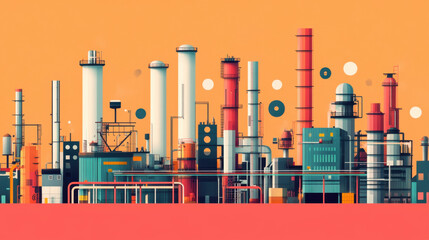 Colorful Industrial Landscape with Pipes and Smokestacks at Sunset