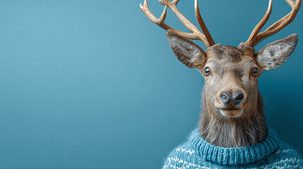 Quirky portrait of a deer with antlers, wearing a blue knitted sweater against a plain blue background. An odd, humorous image.