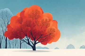 Vibrant Autumn Tree in a Winter Landscape