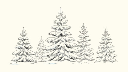 Fototapeta premium Row of minimalist pine trees in winter snow landscape vector sketch