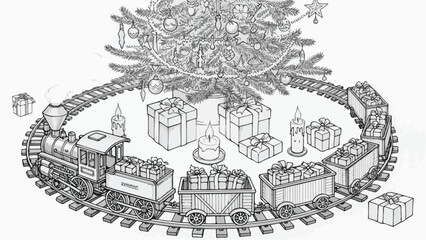 Fototapeta premium Model train set running around a decorated christmas tree vector sketch