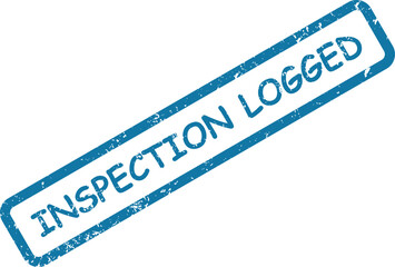 Distressed blue rubber stamp indicating INSPECTION LOGGED on a bright white background © Trendy Motion