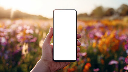 Hand Holding Smartphone in Vibrant Flower Field with Bright Colors and Soft Sunny Light