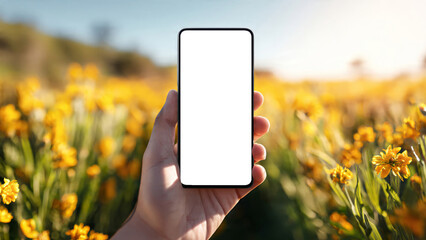 Hand Holding Smartphone in Flower Field with Clear Screen and Bright Sunny Background