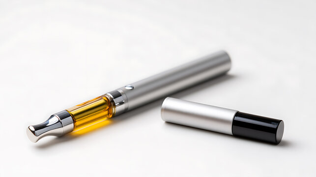 Vape pen with transparent cartridge filled with yellow liquid, lying next to its cap on a light background. Modern electronic vaporizer for e-liquid or oil.
