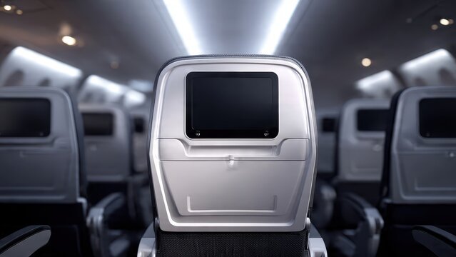 Modern aircraft seat back with a blank in-flight entertainment display (IFE) screen, perfect for copy space. Commercial airplane cabin interior, focusing on travel technology.
