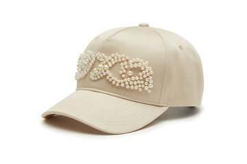Fototapeta premium Elegant beige baseball cap adorned with pearl embellishments