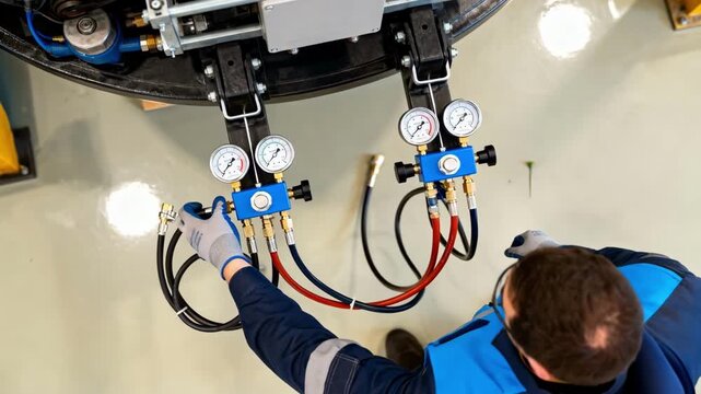 Worker inspecting air pressure testing devices on mechanical components evaluating performance and safety standards under pneumatic pressure loads.