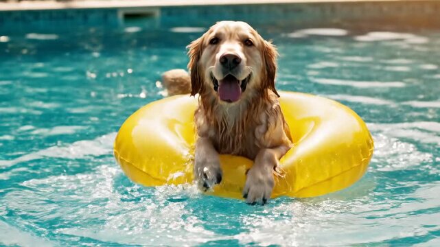 Golden retriever dog relaxed on a yellow inflatable ring in the pool, enjoying swimming and splashing water
