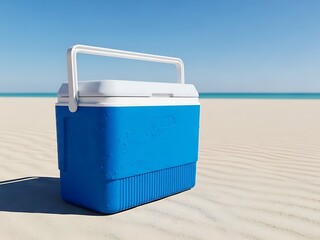 Blue Cooler Box on Sandy Beach with Ocean Background