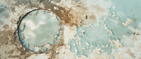 Vibrant blue water fills a natural depression in the dry landscape surrounded by cracked earth