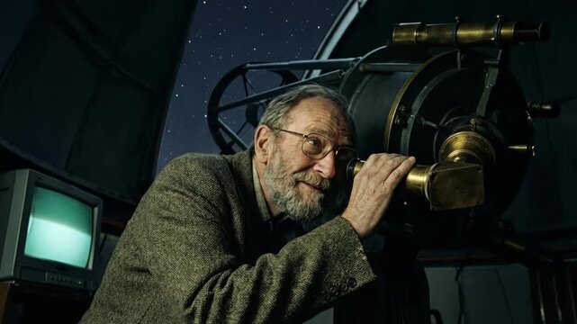 Senior astronomer peers through a vintage telescope inside an observatory at night, studying the stars under a clear sky, representing discovery, science, and human curiosity