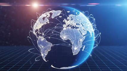 Global network connecting illuminated data points on stylized world map. - Powered by Adobe