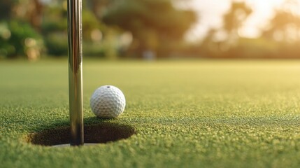 A white golf ball rests near the edge of the cup on lush green grass under the late afternoon sun,