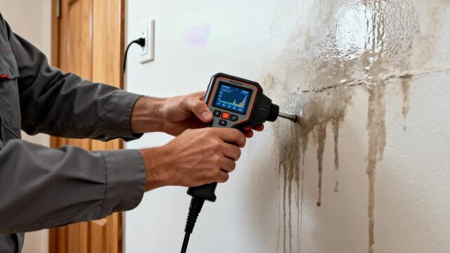Medium shot of a technician using handheld leak detection sensors on a damp wall in a residential building to locate hidden water leaks quickly and accurately.