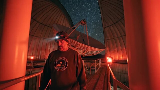 Astronomer inside a large dome observatory under red ambient light, observing a parabolic radio telescope dish and star-filled night sky, symbolizing space research and discovery