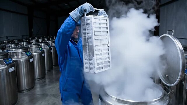 Scientist in protective suit and face shield retrieves rack of cryopreserved vials from liquid nitrogen dewar in a sterile laboratory storage facility, vapor and frost visible