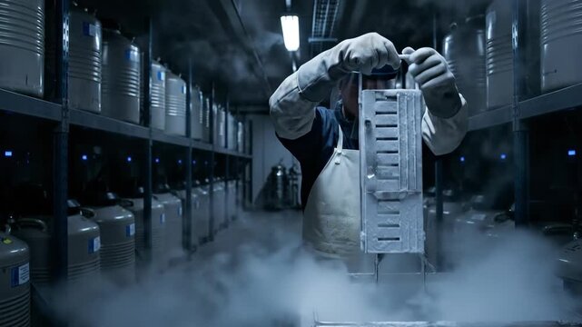 Scientist handling cryovials in a cryopreservation dewar, releasing vapor plumes of liquid nitrogen, surrounded by rows of cryogenic storage tanks in a laboratory environment