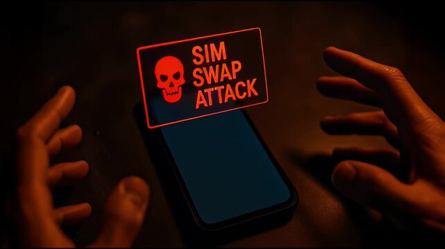 SIM swap attack warning on smartphone screen with skull icon and hands in dark environment, symbolizing cybersecurity threat, cybercrime, and mobile security threat concept