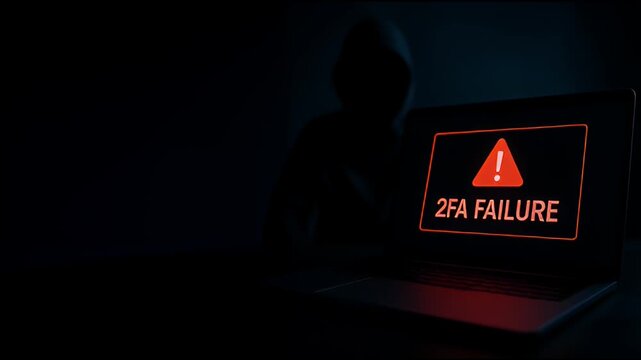 Two factor authentication failure warning laptop screen red alert cybersecurity hacker silhouette dark background digital security authentication error computer warning technology risk internet