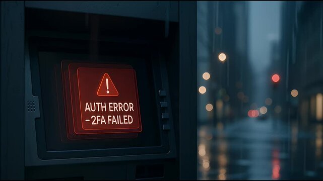 Authentication error 2FA failed security warning digital screen red alert message with blurred rainy city street background conveying digital security alert and authentication problem at night