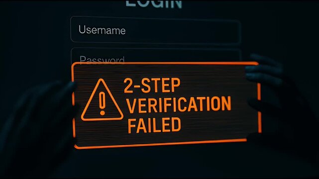 Two step verification failed warning digital login screen with username and password fields, cybersecurity alert and verification error message, digital screen access denial and authentication failed
