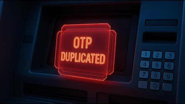 ATM machine glowing red warning panel alert security malfunction numeric keypad card slot OTP duplicated warning digital screen alerting security breach fraud risk financial transaction system