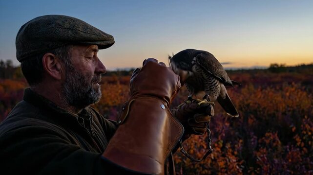 Mature falconer in tweed and cap stands in a wild moorland at sunset, holding a hooded peregrine falcon on a gloved hand, embracing traditional falconry and training