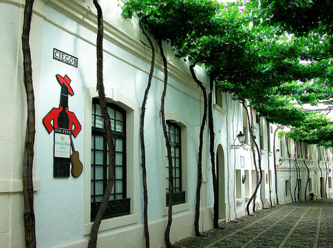 Corner of Ciegos Street with the logo of the Gonz&aacute;lez Byass T&iacute;o Pepe Winery in Jerez de la Frontera, province of C&aacute;diz, Andalusia, Spain. Sherry wines.