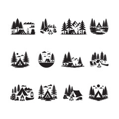 Black Color Camping in Forest Outdoor Adventure Silhouette Vector Illustration, Solid White Background.