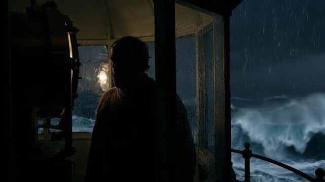 Bearded lighthouse keeper watches lightning and towering waves through the wet glass of a lantern room, resolute against the storm to protect ships with the fresnel beacon