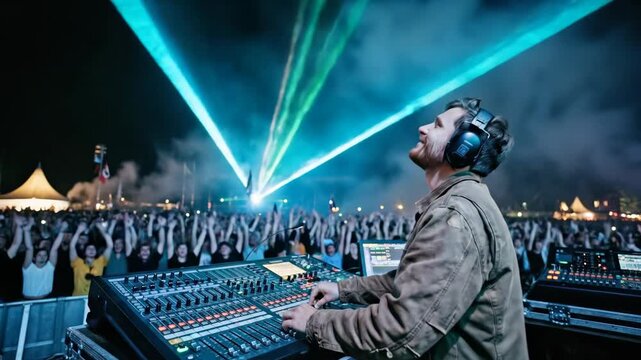 Sound engineer wearing headphones operating a mixing console at a live music festival, with colorful laser light beams illuminating a large enthusiastic crowd in the evening