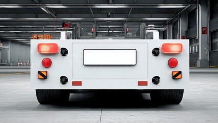 Detailed rear view of an autonomous industrial vehicle platform or tow tractor with mock-up screen and safety lights, parked in a large, modern factory or airport hangar.