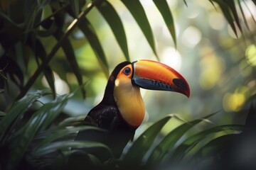 Fototapeta premium Ramphastos sulfuratus enjoying the sunlight filtering through jungle leaves