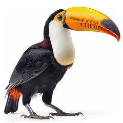 Fototapeta premium Colorful toucan with large orange beak standing on white background