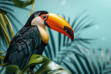 Obraz premium Colorful channel billed toucan resting on a branch amidst vibrant tropical foliage