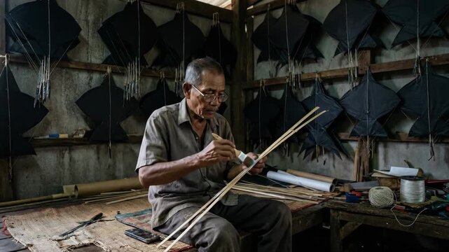 Elderly thai artisan applying glue to bamboo frames, meticulously crafting a traditional chula kite by hand in his rustic workshop, preserving cultural heritage and skill