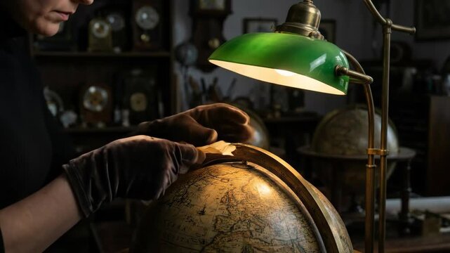 Person wearing gloves carefully cleaning an antique globe with a brush, holding a terra incognita map scroll under the warm light of a vintage desk lamp in a dimly lit study
