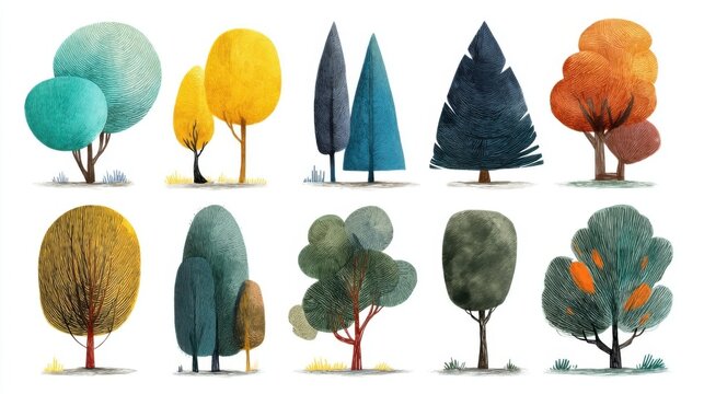 Twelve stylized trees in various colors stand against a white background, featuring unique designs like double canopy,