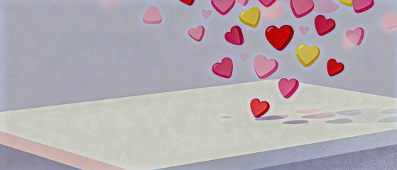 Candy hearts raining from the sky onto a blank white plane, copy space in upper half.