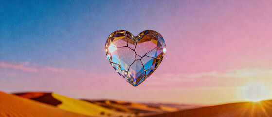 A floating glass heart suspended above a desert landscape at sunrise, with a vast pastel sky providing copy space.