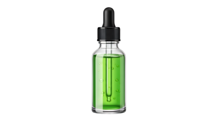 A glass dropper bottle filled with green liquid, isolated on transparent background, viewed from the front with high detail