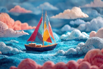 Colorful Sailboat Sailing through Crafty Clouds