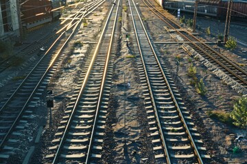 Fototapeta premium Multiple railway tracks converging towards an industrial zone, bathed in the warm glow of the setting sun
