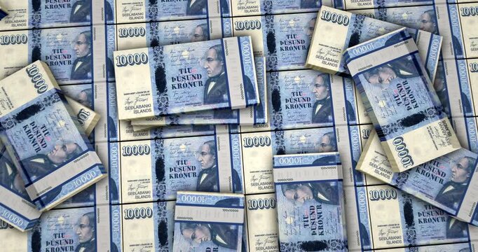 Iceland krona Icelandic money banknotes 3d animation. 10000 ISK packs concept of inflation, economy, crisis, business, banking, debt and finance.