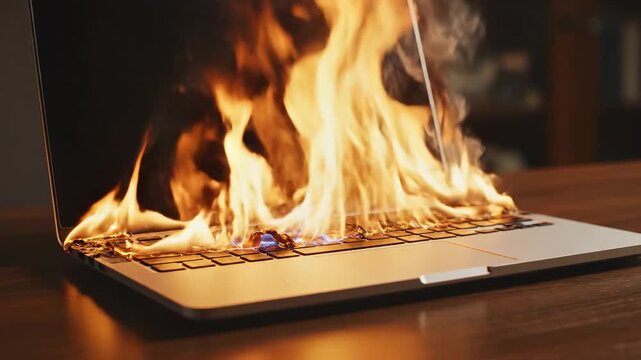 Laptop keyboard on fire with flames rising from keys on a wooden desk. Overheated computer device problem causing risk of data loss.