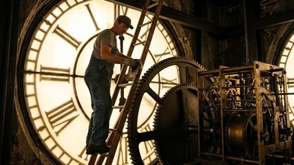 Man on a ladder working on the intricate gears and machinery of a vintage clock mechanism inside a historic tower, ensuring precise timekeeping and longevity