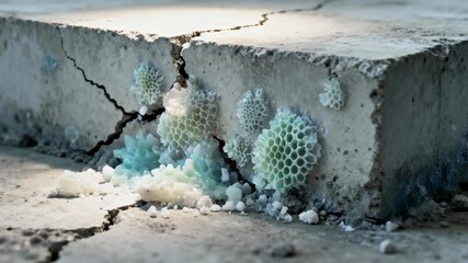 Closeup medium shot revealing bacterial selfhealing concrete foundation actively repairing cracks through natural bioactivity for increased durability