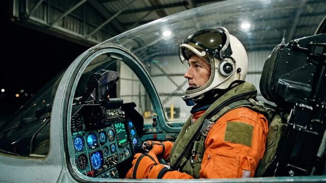 Pilot wearing a flight suit and helmet sitting inside an aircraft cockpit, holding the controls and monitoring the glowing gauges and instruments before a mission